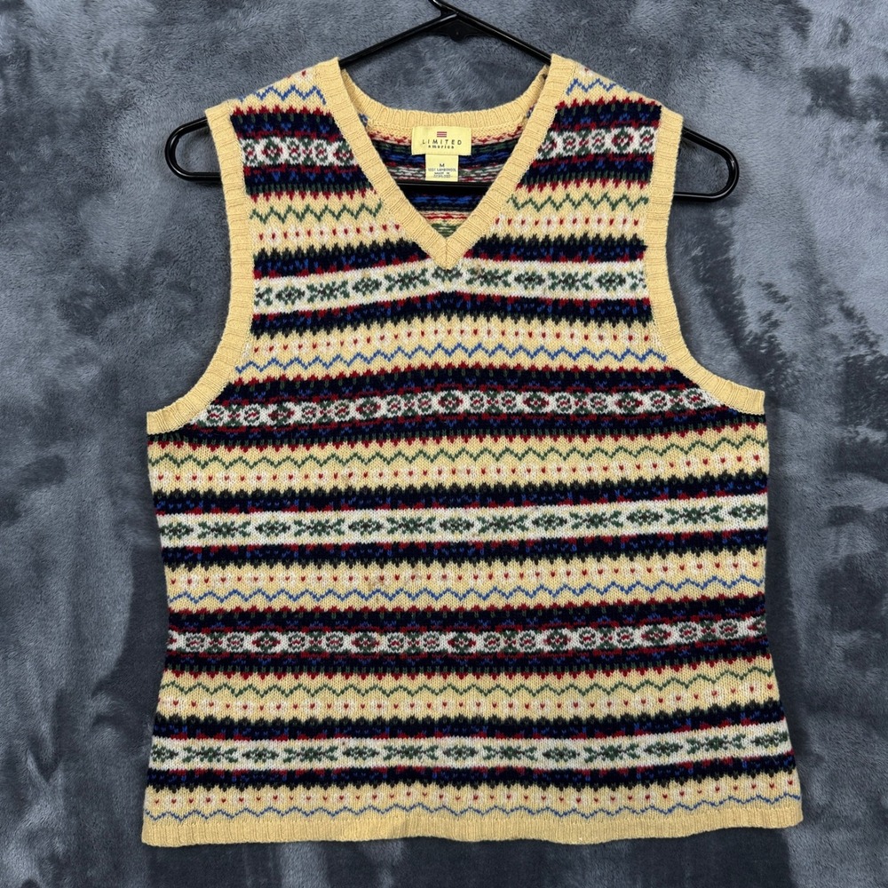 Limited America Sweater Vest Womens M Yellow Fair Isle Lambswool V-Neck Vintage